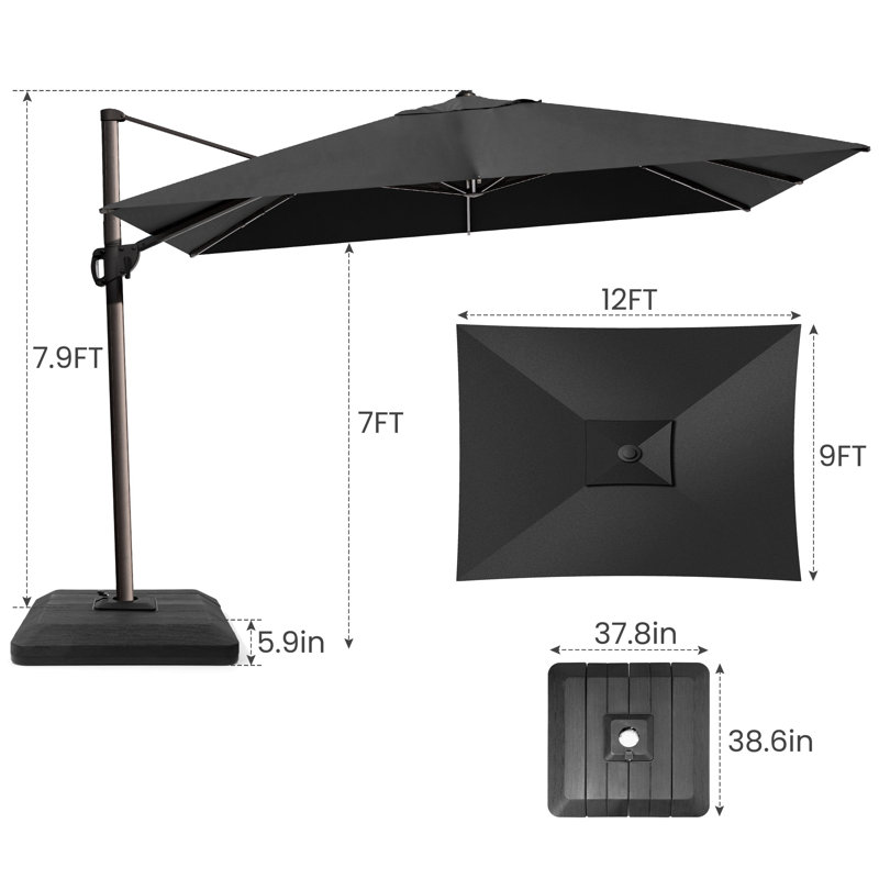 Parasol rectangulaire en porte-à-faux 12 'x 9' Demarea, contrepoids inclus, Noir