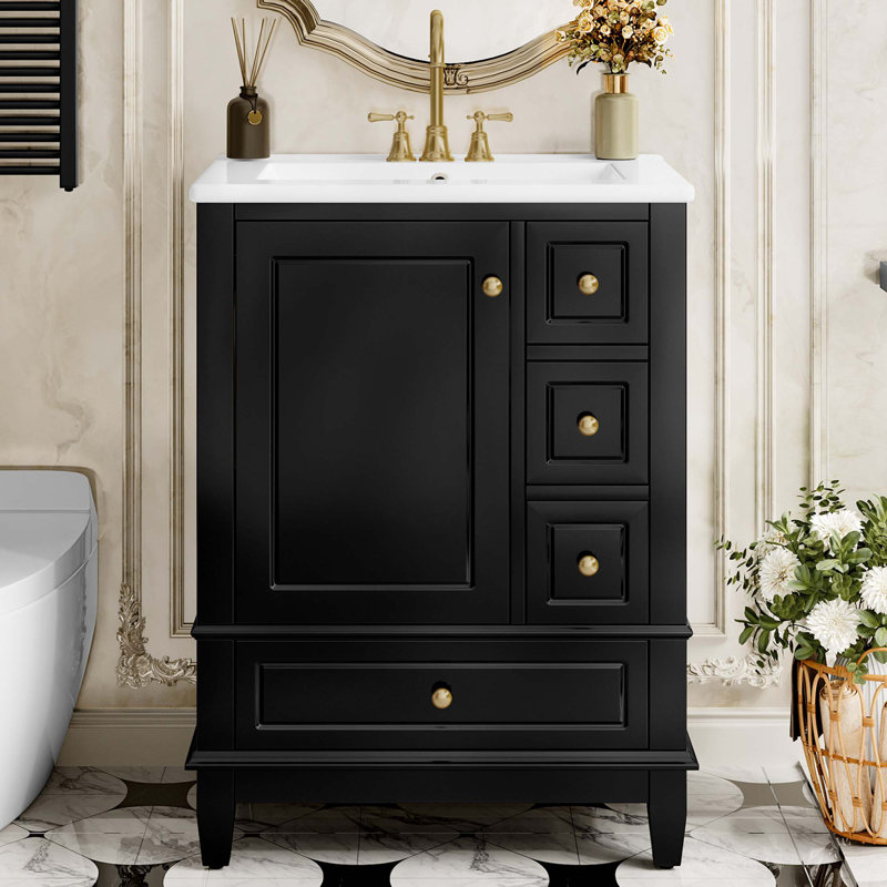 Meuble-lavabo 24 po avec lavabo et tiroirs, meuble-lavabo autoportant avec comptoir en céramique et tablettes de rangement, panneau de fibres à densité moyenne et base en bois massif, meuble-lavabo moderne pour petites salles de bain