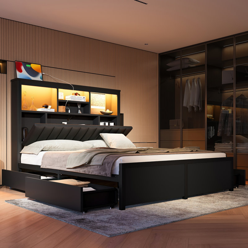 1200lLBS Weight Capacity Queen Bedroom Sets, All-Metal Bed Frame with Upolstered Headboard and Wood Nightstands, 4 Drawers, LED light and Charging Station