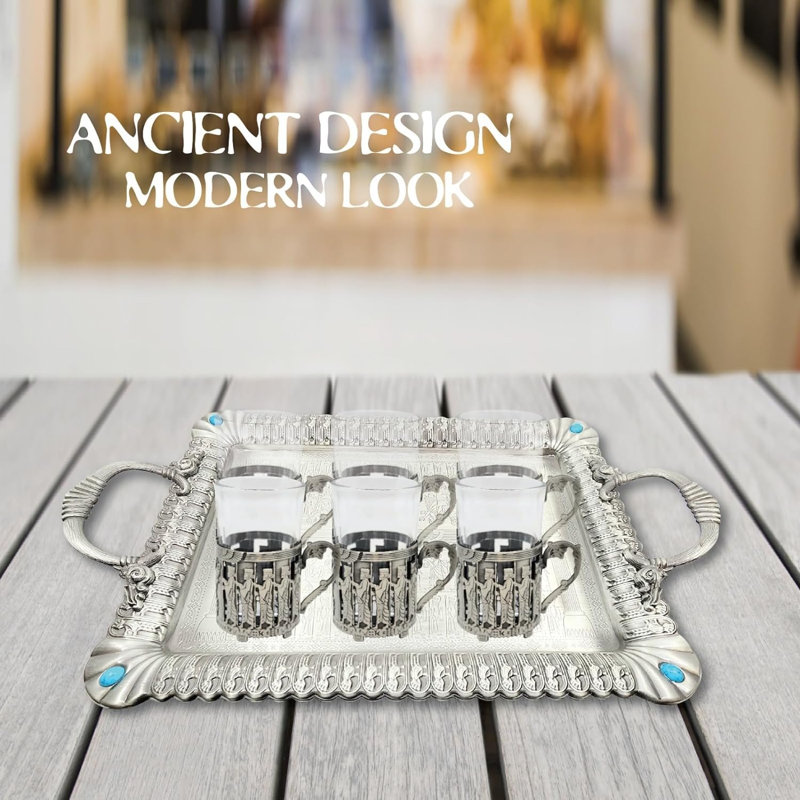 TtAk HOUSEWARE Oleyar 18.5 Inch Rectangular Metal Zinc Alloy, Tray with Persepolis Takht Jamshid Design in Matt Silver, Metal Serving Tray, Gift, Ancient Design, Modern Look