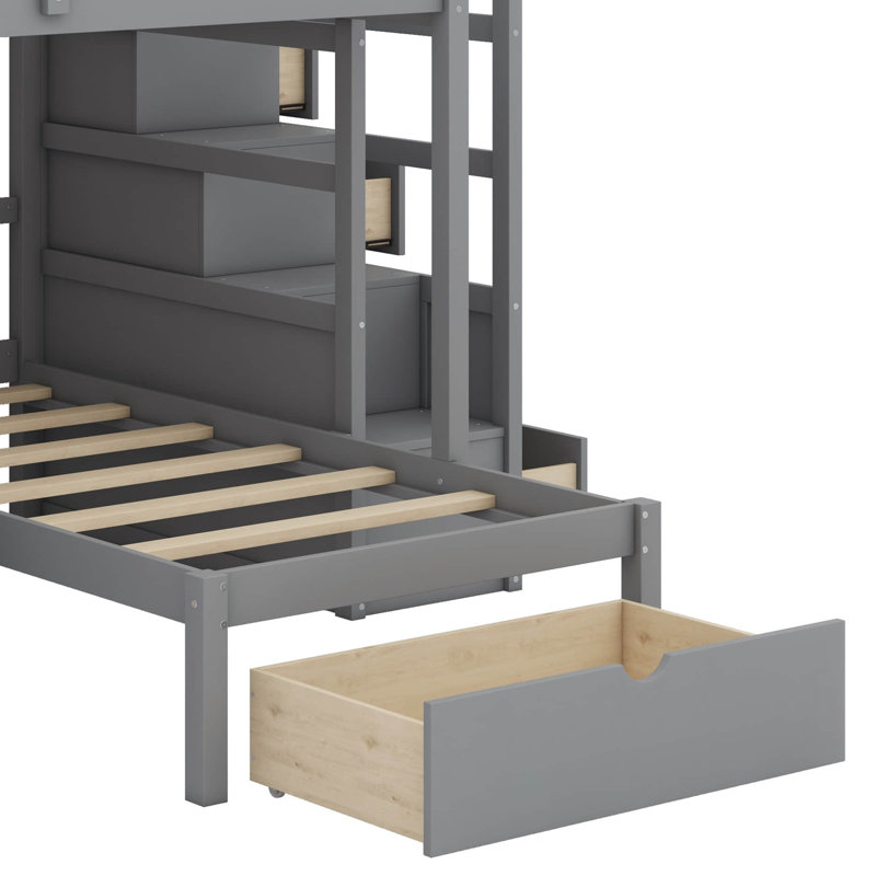 Lit superposé Jasniak avec bureau, tiroirs et tablettes, gris