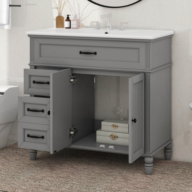 Meuble-lavabo moderne 36 po avec lavabo en céramique, Gris
