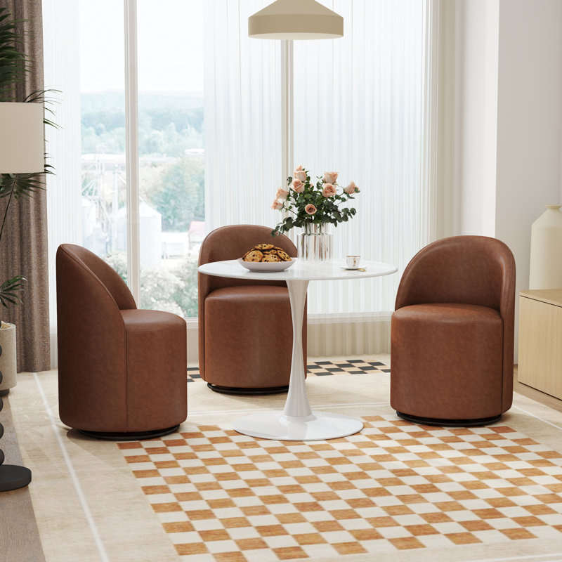 Mid-Century Dining Set With Round Pedestal Dining Table With Metal Base And Swivel Upholstered Barrel Back Dining Chairs For Kitchen/Dining Room