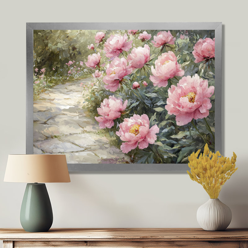 Pivoines le long du sentier du jardin I - Pivoines, art mural de salon, Argent argent, H 24 po x l 32 po, Cadre flottant