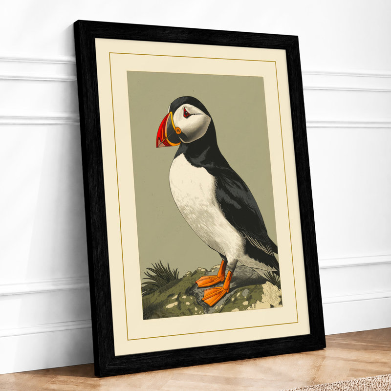 Puffin Study Botanical - Framed Print, A2 - 59.4 x 42.0 cm, Black