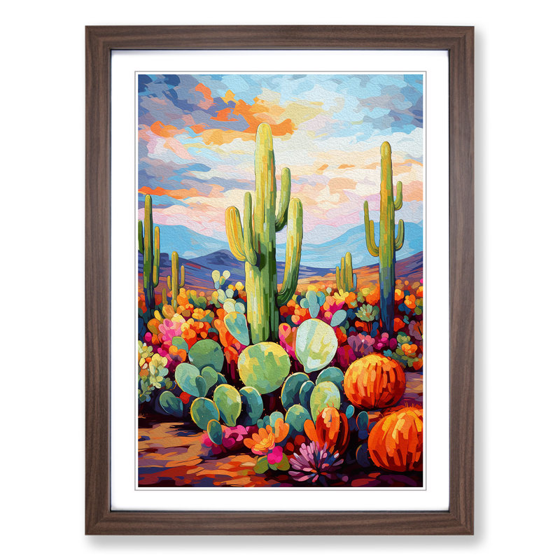 Cactus Impressionism Art - Framed Print, 46cm H x 34cm W x 2cm D, Walnut Framed