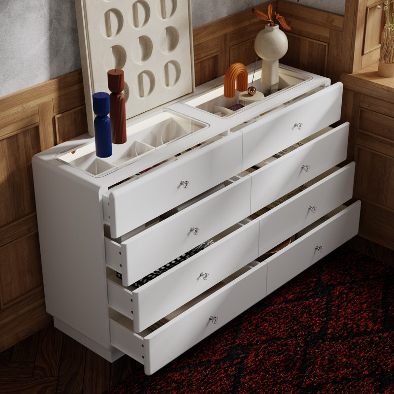 Modern White 8-Drawer Dresser With Built-In LED Glass Compartments – Stylish Storage Solution