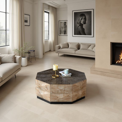 38" Octagon Coffee Table - Retro Rustic Centre Table with 3D Embossed Pattern (Hexagon Cocktail Table for Living Room)