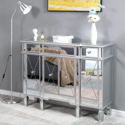 Silver MDF With Mirrored Surface Three-Drawer Four-Door Cabinet