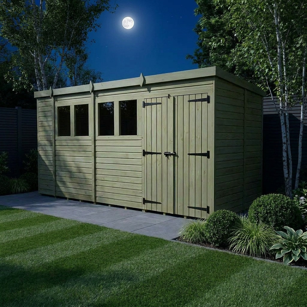 Total Sheds 17ft x 6ft Pent Garden Shed - Double Door - With Windows - Pressure Treated Timber - UK Manufactured