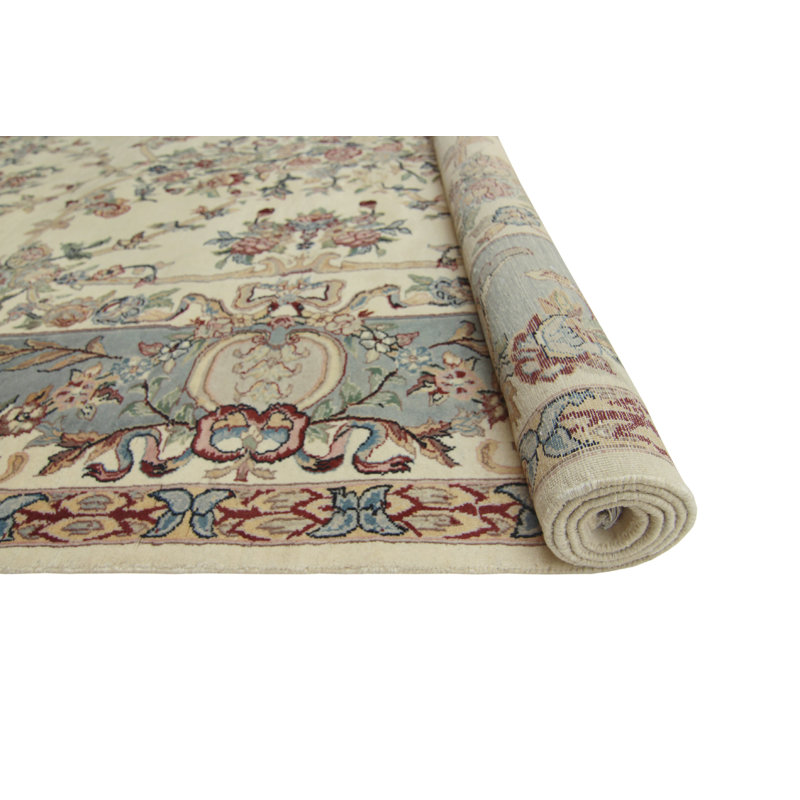 Tapis ivoire / gris fait à la main de couleur paon Jhoanny, 6 pi 1 po x 9 pi 2 po