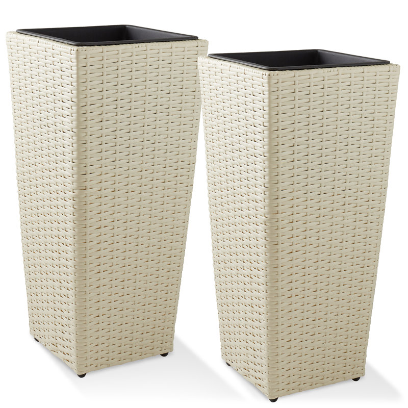 Set of 2 Tall Outdoor Planters with Removable Flower Plant Pot Liners, White
