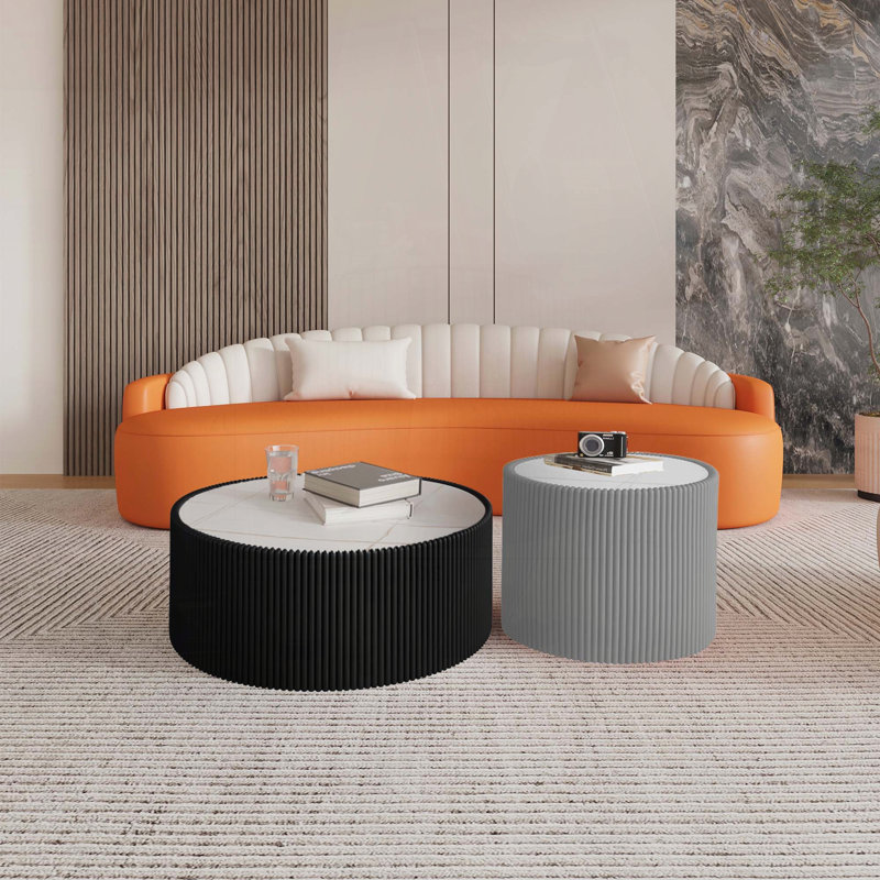Table de bout cylindrique avec plateau en marbre et cuir microfibre