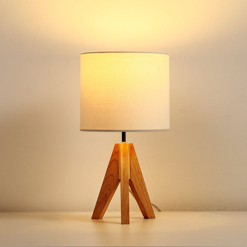 36Cm Wood Tripod Table Lamp With Linen Shade (Bulb Included), White