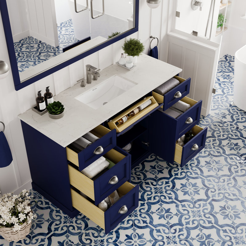 Meuble-lavabo Didopenico l 60 po x P 22 po avec comptoir en quartz Carrara et lavabo en porcelaine encastré, Bleu