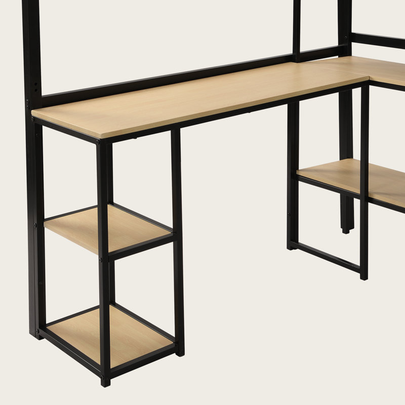 Lit mezzanine double en métal avec escalier de rangement, bureau intégré et tablettes à 3 niveaux | Conception de poste de travail peu encombrante et garde-corps complets