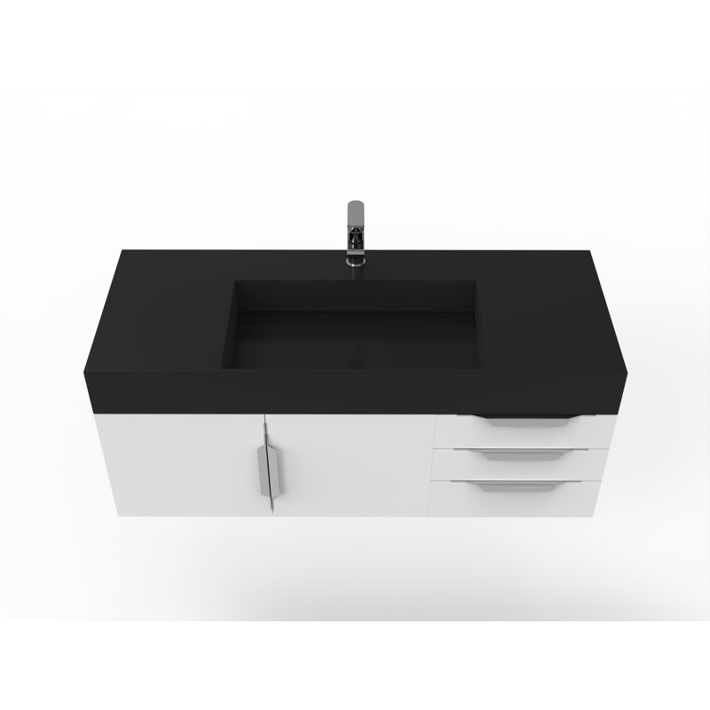 48" Wall Mounted Single Bathroom Vanity With Solid Surface Vanity Top - White Base, Black Top, Brushed Nickel Handles, Black