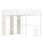 Grand lit mezzanine à grain de bois blanc avec bureau, garde-robe et rangement, espace pour armoire de chambre encastrée en métal, optimisation de l'espace de bureau dans la chambre compacte