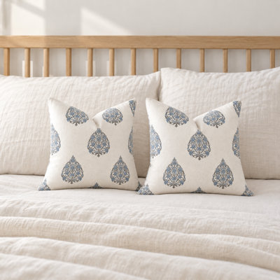 Blue Floral Hand Block Print Reversible Decorative Pillow Cover 18" Set of 2