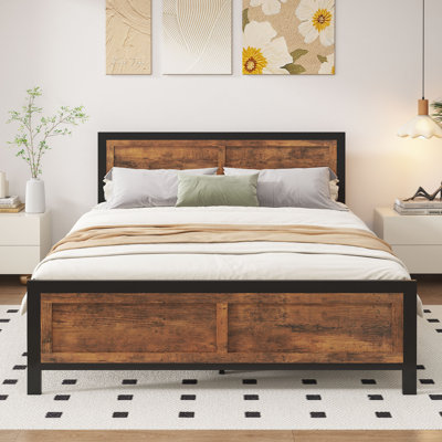 Platform Bed Frame With 2 Large Storage Drawers, Rustic Wood And Metal, Noise-Free, Easy Assembly, No Box Spring Needed, Brown