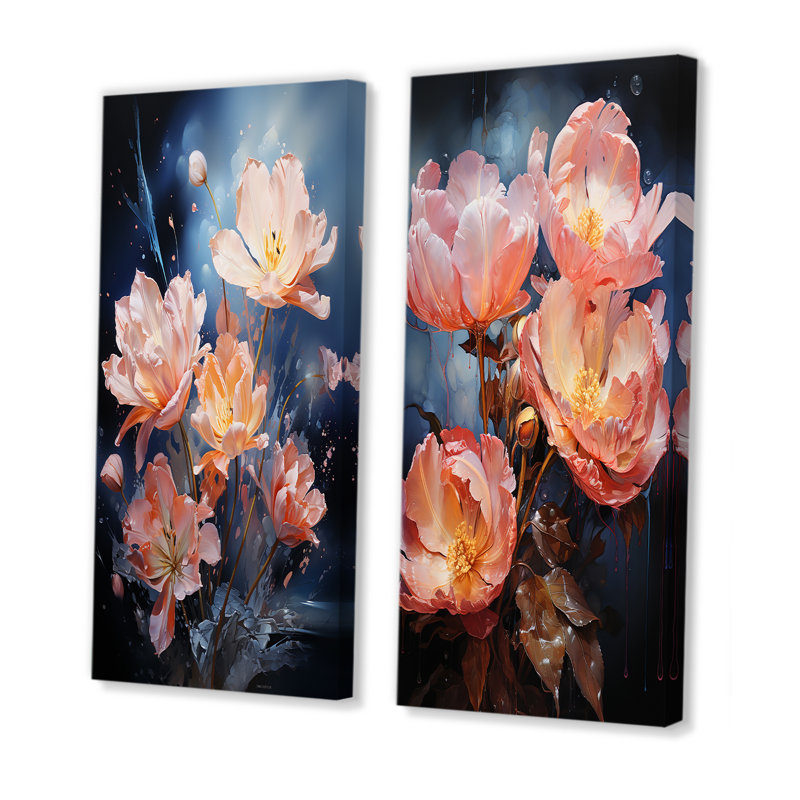 Ensemble de 2 tulipes beiges avec fleurs célestes - Tulipes, H 28 po x l 25 po, Toile tendue