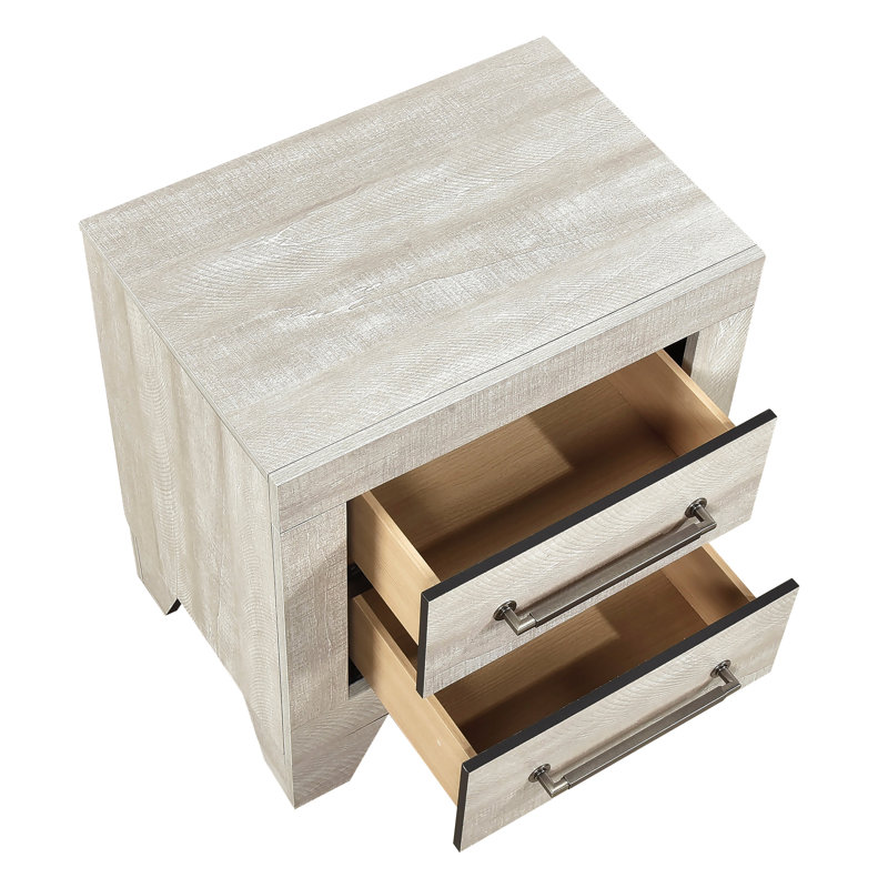 Table de chevet en chêne gris avec 2 tiroirs bien conçus et des glissières en métal pour la chambre à coucher