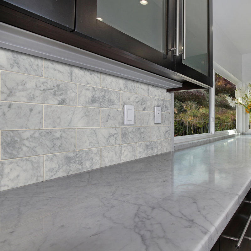 Carrara White 4 in. x 12 in. Polished Marble Subway Floor and Wall Tile