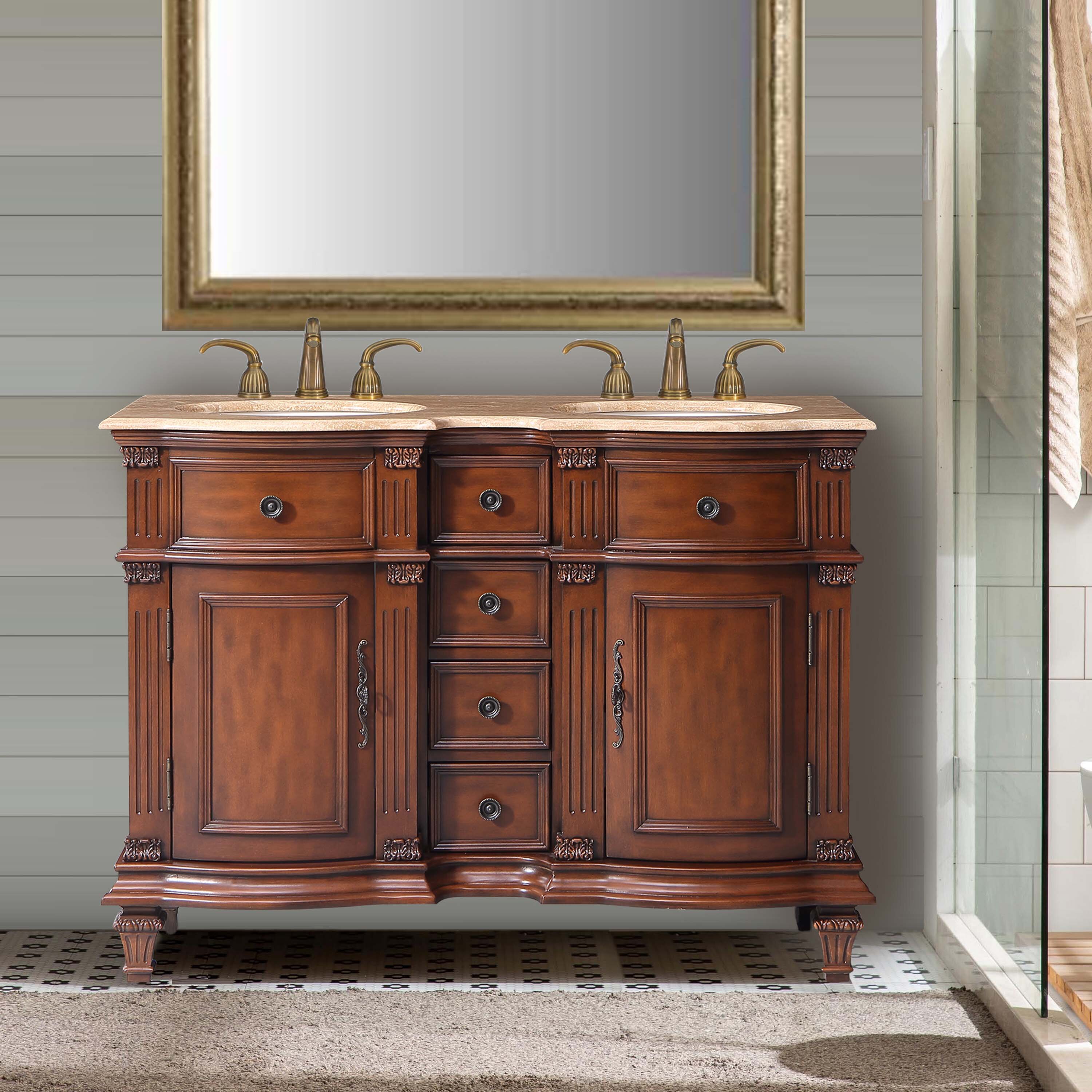 84 Inch Antique Brown Double Sink Bathroom Vanity with Marble