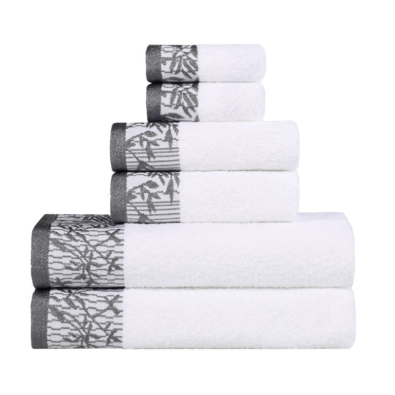 Carinna Cotton Medium Weight Floral Jacquard Border Assorted Bathroom Towel Set, White/Gray, 8 Piece Towel Set