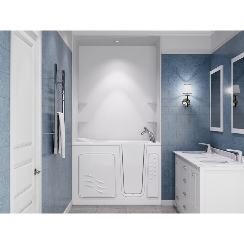 Nova Heated Series 30" x 52" Right Side Drain Soaker Bathtub in White with Matching Smooth Shower Wall Kit, Right, White