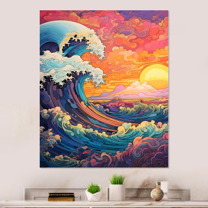 Coucher de soleil japonais sur les vagues de Kanagawa 2 - Art mural en métal au Japon, H 32 po x l 16 po x P 1 po