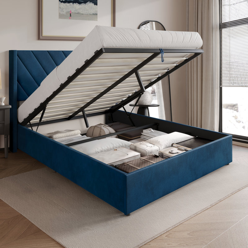LIT DE RANGEMENT DE GRANDE PLATE-FORME WINGBACK RELEVÉ EN VELOURS BLEU MARINE, Bleu marine, Grand lit