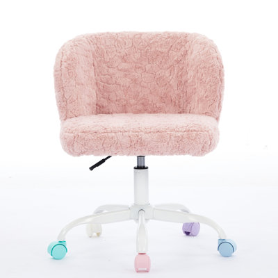 Pink Office Chair With Artificial Rabbit Hair, Adjustable Mechanism, Metal Base, Suitable For Bedroom, Foam Filled, Wide And Deep Seating, Ergonomic , Non - Shedding Faux Fur, Stable Colorful Wheels