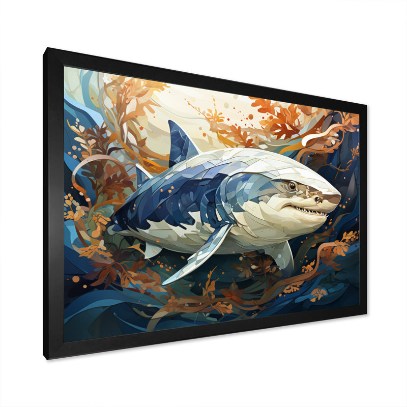 " Gray Orange Shark Harmony ", 34" H x 44" W x 1.5" D, Black Picture Framed