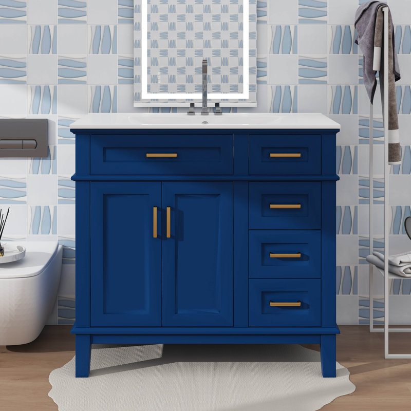 Meuble-lavabo de 36 po avec lavabo en céramique 36 po, portes à fermeture douce, 4 tiroirs pour le rangement, Bleu