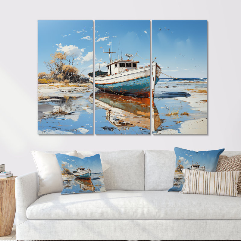 «Blue and White Boat Scenery» - ensemble d'art mural bateau côtier, H 40 po x l 60 po x P 1 po