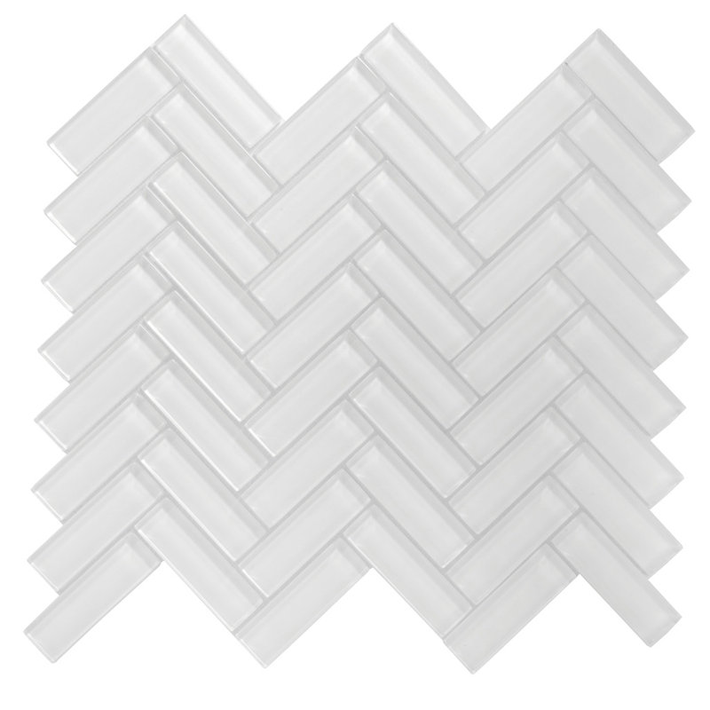 11"X 12.6" Herringbone Polished Glass Mosaic Tile, Ice White