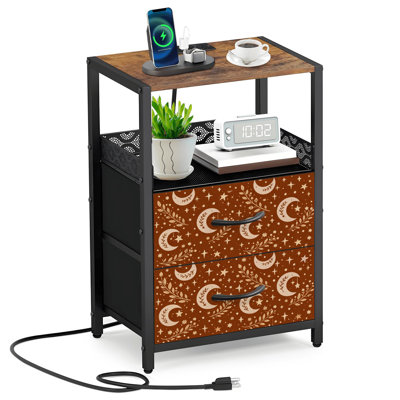 24.2" 2 - Drawer Nightstand Boho moon Ethnic moon Floral celestial Side Table with Charging Station Iron Frame Bedside Table by Ebern Designs