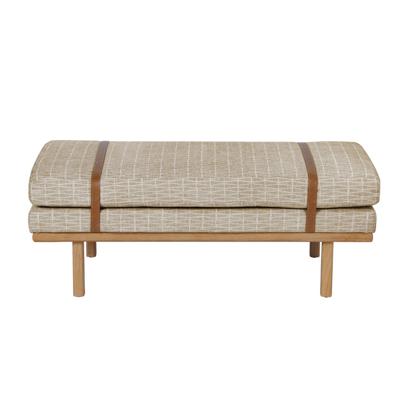 Banc rembourré Azayvion avec base en bois, Motif géométrique brun clair