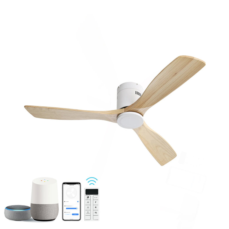 Ventilateur de plafond encastré de 52 pouces avec 3 pales en bois massif, ventilateur silencieux, réversible, moteur à courant continu, télécommande intelligente pour le salon