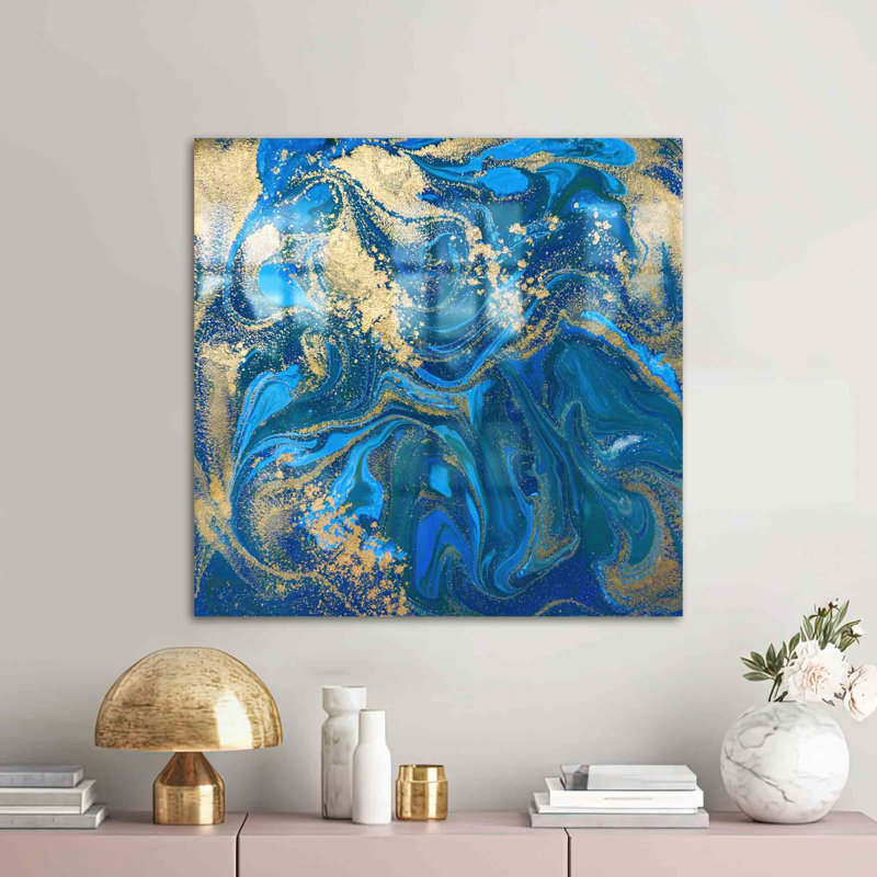 Art moderne moderne bleu et or sur verre pour décoration murale avec technique de l'encre à l'alcool, H 39,4 po x l 39,4 po