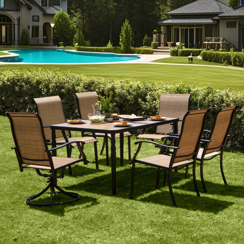 Ensemble de salle à manger de patio 7 pièces en textilène avec trou pour parasol, Brun