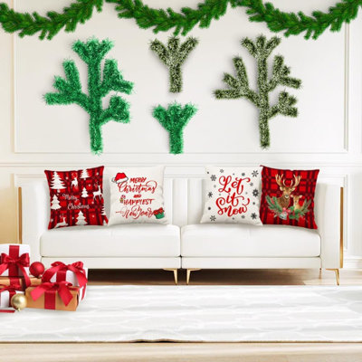 Housses de coussin de Noël 22 X 22, ensemble de 4 coussins de Noël à carreaux rouges, sapin de Noël, flocons de neige, hiver, vacances, coussins décoratifs, Noël pour l'extérieur, canapé, housses de coussin, décoration 22IN-02