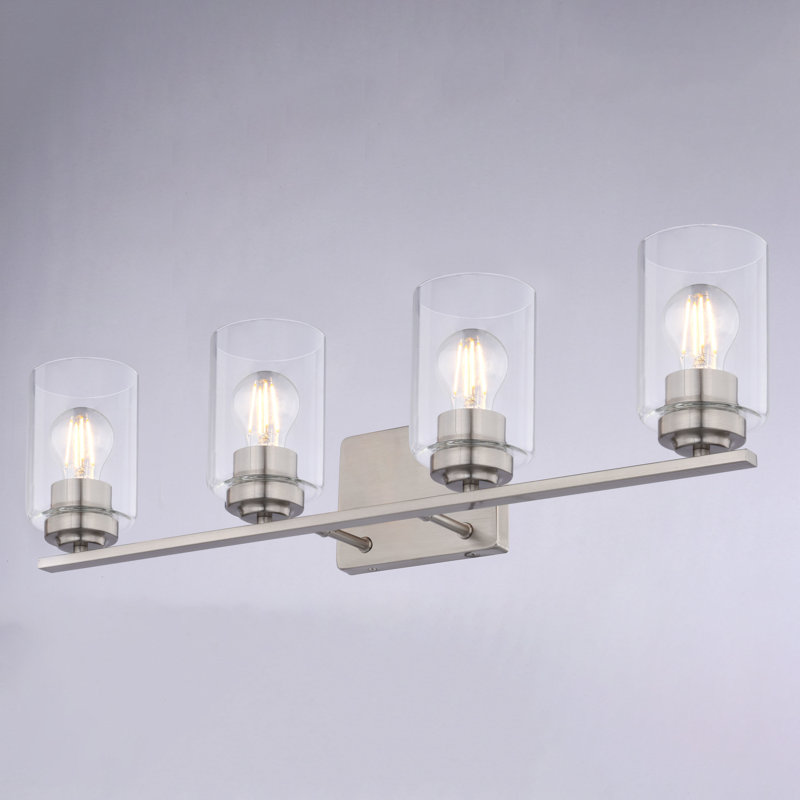 Hitchin Transitional Bathroom Vanity Lighting Fixture, Clear Glass Cylinder Shade, Dimmable, LED Compatible, Reversible Over The Mirror Mounted Steel Wall Sconce