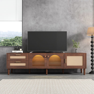 Rattan TV Stand With 3 Cabinets & 2 Drawers, Rattan-Inspired Media Console Table For Tvs Up To 80'', LED Light Entertainment Centre, TV Cabinet For Living Room, Bedroom, Home Theatre