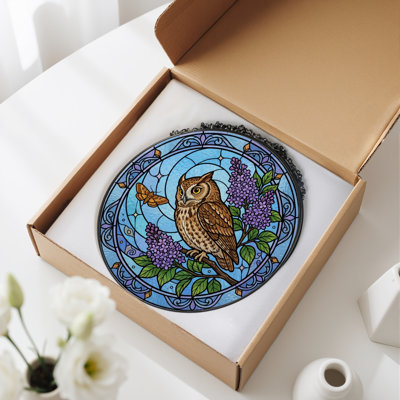 Owl Lilac Stained Glass Window Panel，7.8H