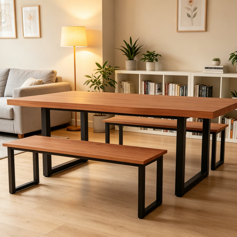Modern Kitchen Dining Table Set, Mid-century Dining Table Set With Bench  For 4-6 Personal With Soild Legs, Red