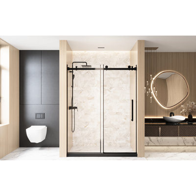 Porte de douche coulissante simple en noir mat, l 56 à 60 po x H 76 po, verre trempé transparent de 1/4 po et 6 mm avec rail tubulaire carré, poignée en acier inoxydable et film pour porte de salle de bain en H, verre, noir