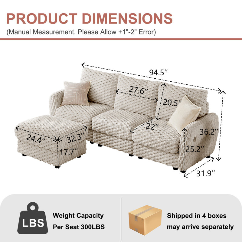 Canapé modulaire amélioré avec rangement, capacité de charge, convertible et assemblage facile - 3 sièges et 1 repose-pieds - gris clair