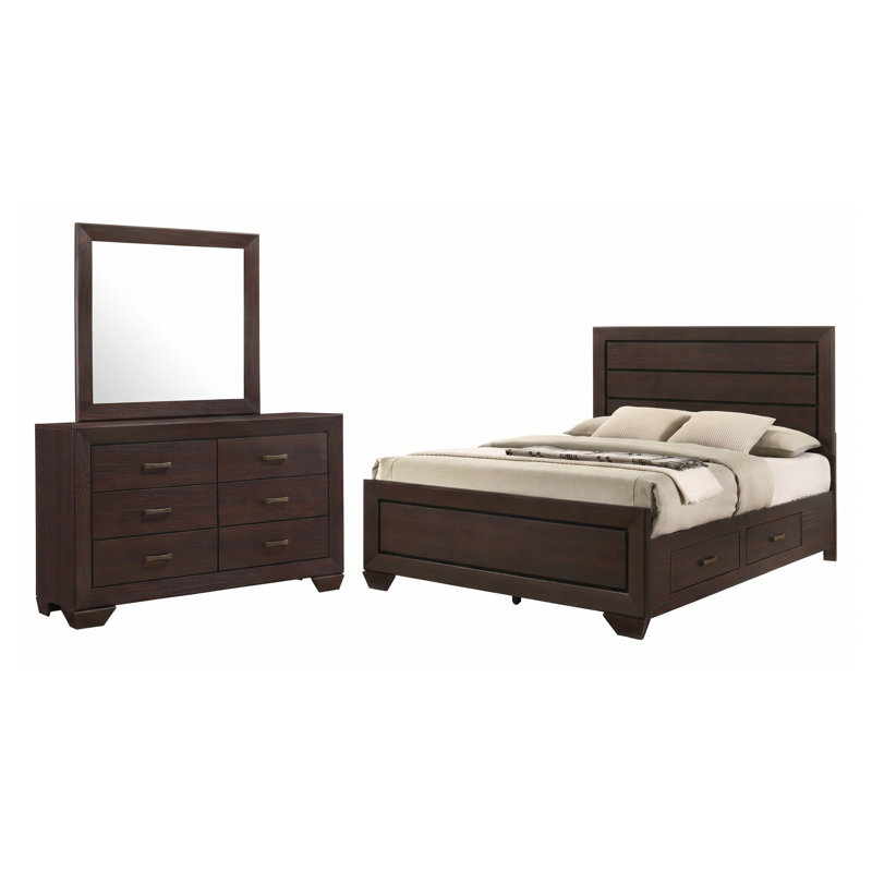 Ensemble de chambre à coucher 3 pièces Brennan Dark Cocoa Queen avec lit de rangement, commode et miroir